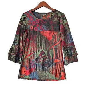 The Pyramid Collection Womens S Burnout Velvet Tunic Top Red Blue Bell Sleeve